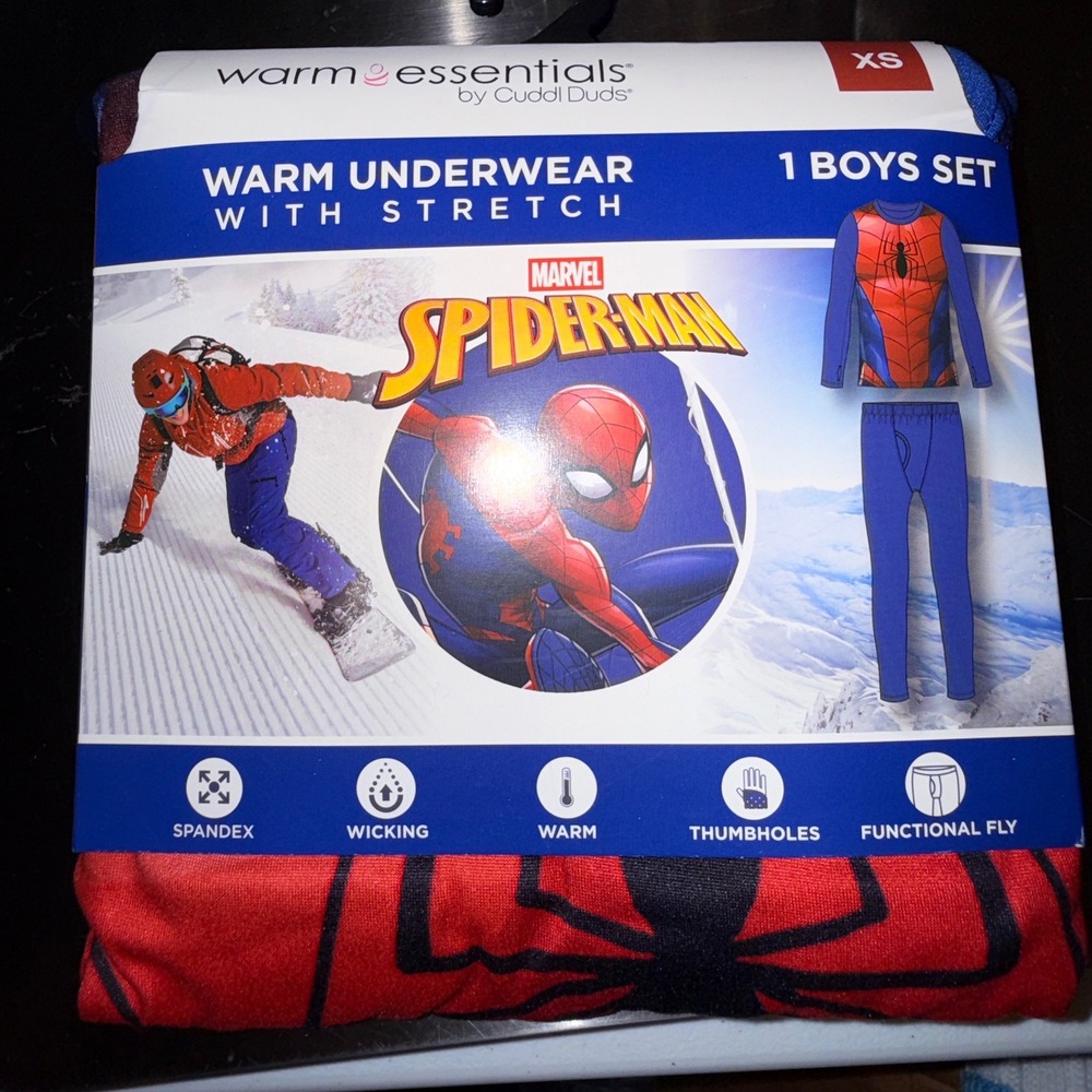 Warm Essentials Cuddl Duds Spider-Man Boys XS 4/5 NEW Thermal Underwear Set